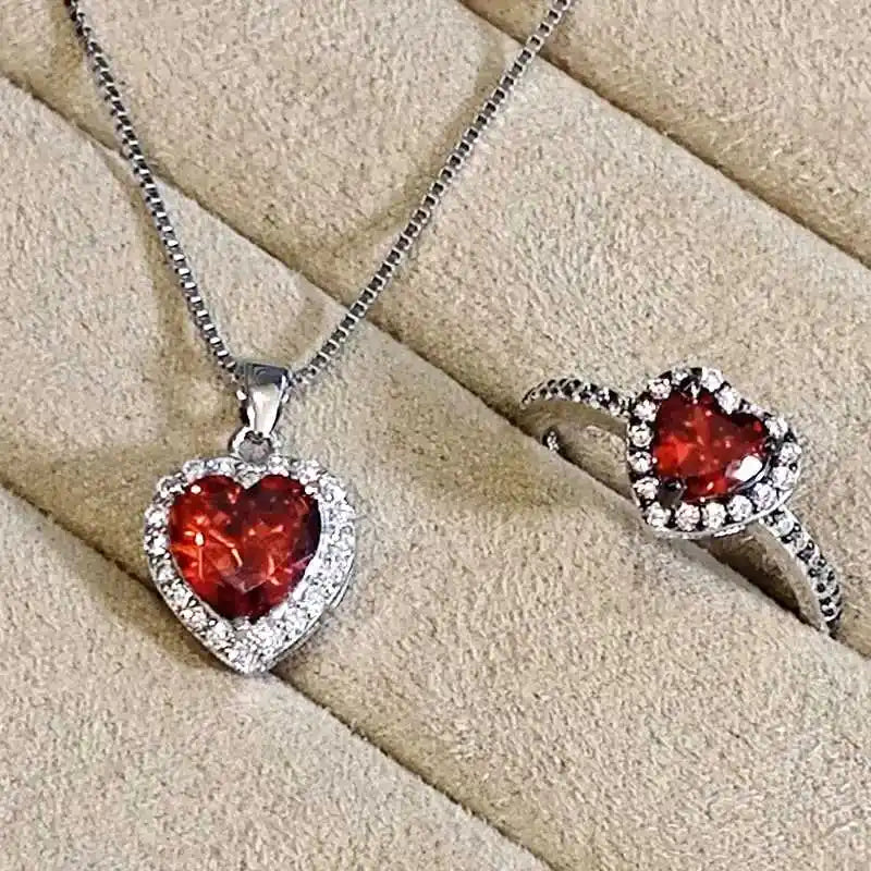 New Women's 925 Sterling Silver Necklace Ring Set with CZ Pendant Heart Love Jewelry for Gifts Engagement Party