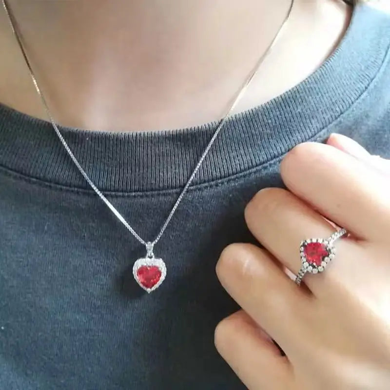 New Women's 925 Sterling Silver Necklace Ring Set with CZ Pendant Heart Love Jewelry for Gifts Engagement Party