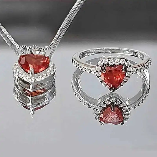 New Women's 925 Sterling Silver Necklace Ring Set with CZ Pendant Heart Love Jewelry for Gifts Engagement Party