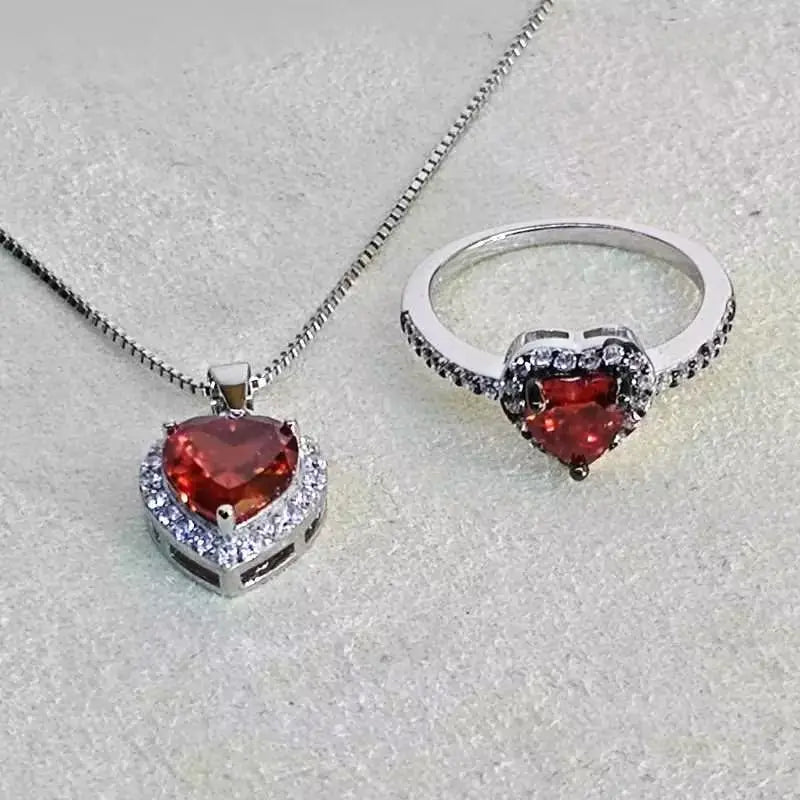 New Women's 925 Sterling Silver Necklace Ring Set with CZ Pendant Heart Love Jewelry for Gifts Engagement Party