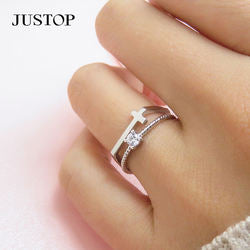 Fashion Women Brass Plated Silver Cross Diamond Zircon Double Ring Jewelry Wholesale